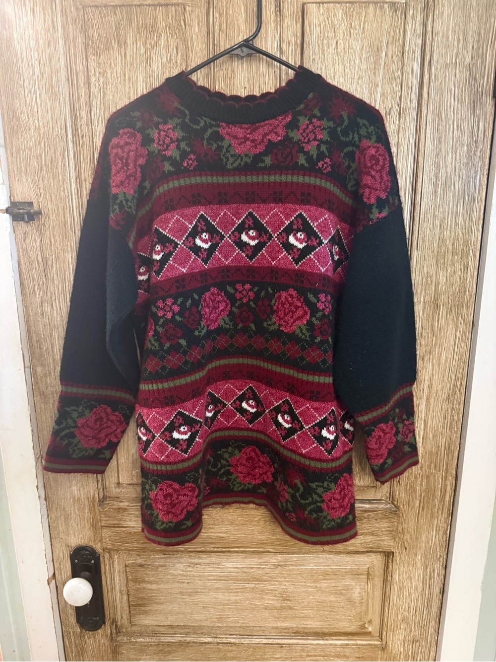 Floral Argyle Crewneck Sweater in Red & Black